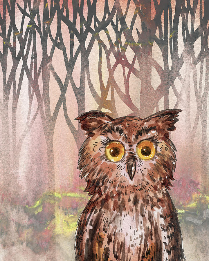 Watchful Baby Owl In The Forest  Painting by Irina Sztukowski