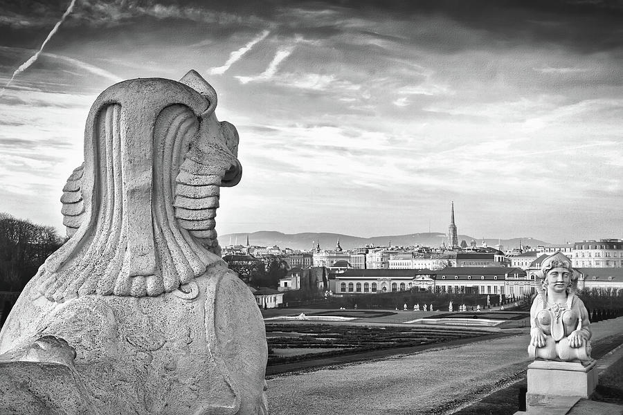 Vintage Photograph - Watching Over The Belvedere Vienna Austria Black and White  by Carol Japp