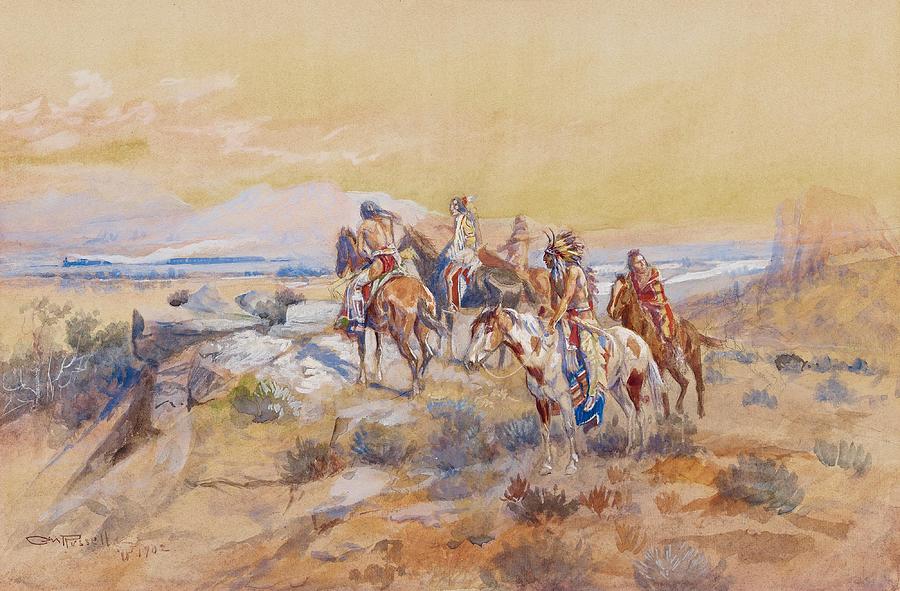 Watching The Iron Horse art Drawing by Charles Marion Russell American ...