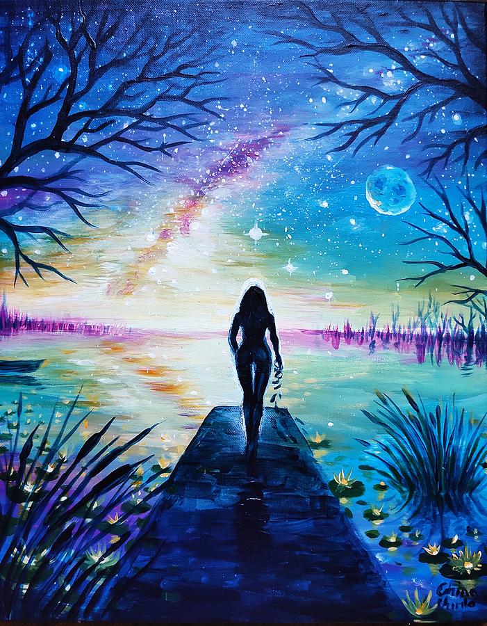 Lake Painting - Watching The Lake And The Milky Wway by Chirila Corina Lake Painting - Watching The Lake And The Milky Wway by Chirila Corina