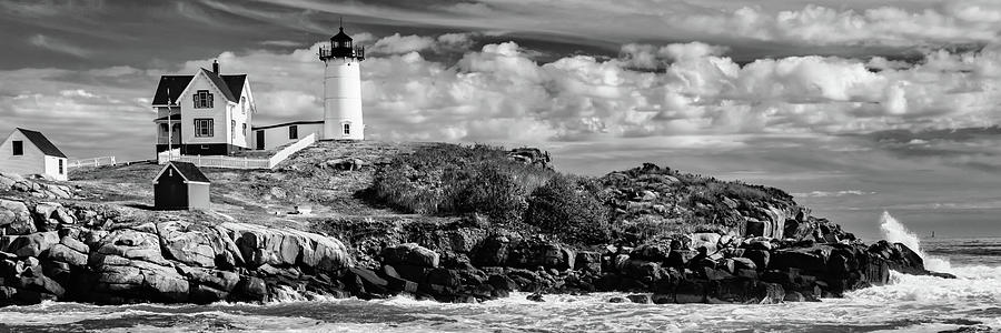 Black And White Photograph - Watching the Waves at Nubble Lighthouse - Black and White by Gregory Ballos