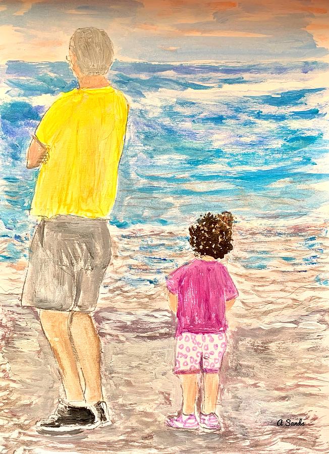Watching Waves With Grandpa Painting by Anne Sands