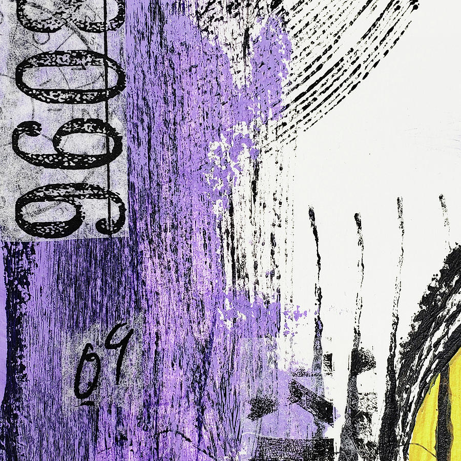 WATCHING YOU Abstract Collage in Purple Black White Yellow Numbers Mixed Media by Lynnie Lang