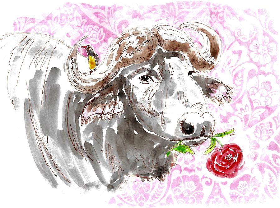 Water Buffalo With Bird And Rose Painting