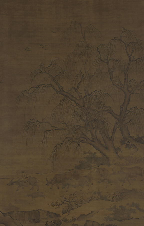 Water-buffaloes and attendants under willow-trees Painting by Zhu Xi