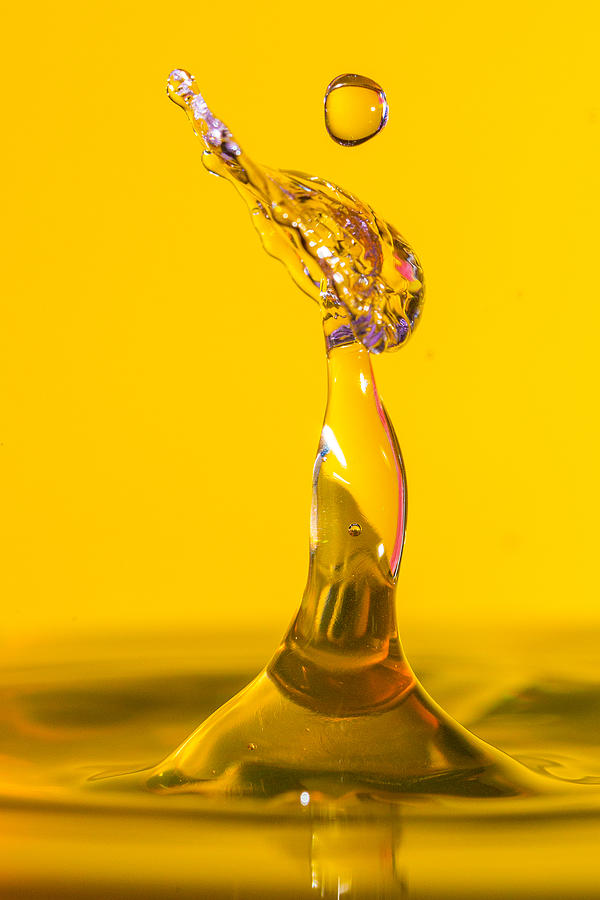 Water drip on a yellow backdrop Photograph by Robbie Goodall