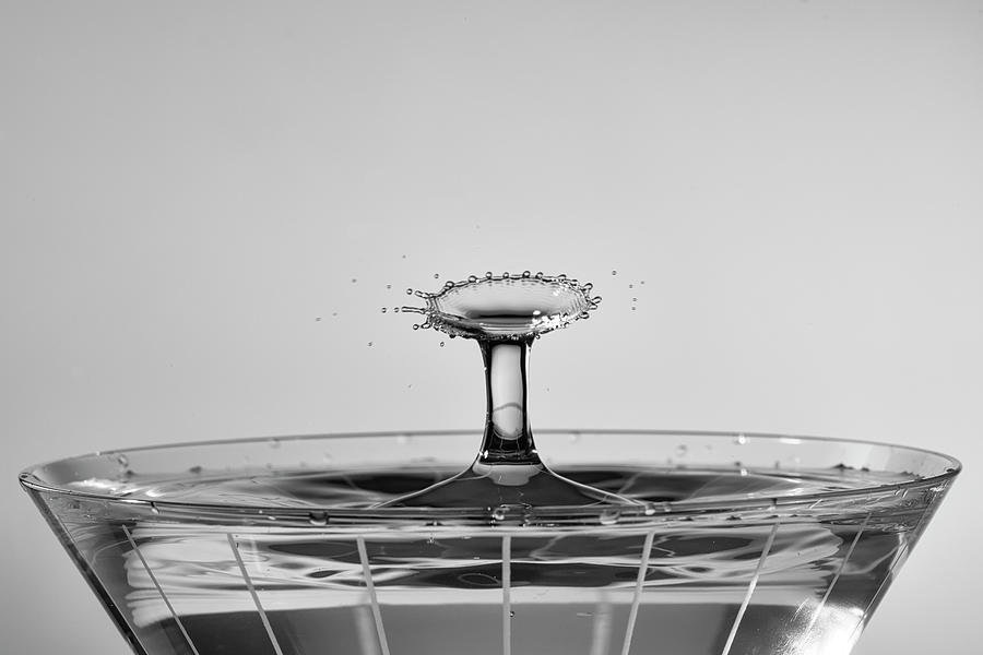 Water Drops Collide Over Martini Glass Monochrome Photograph by Charles Floyd