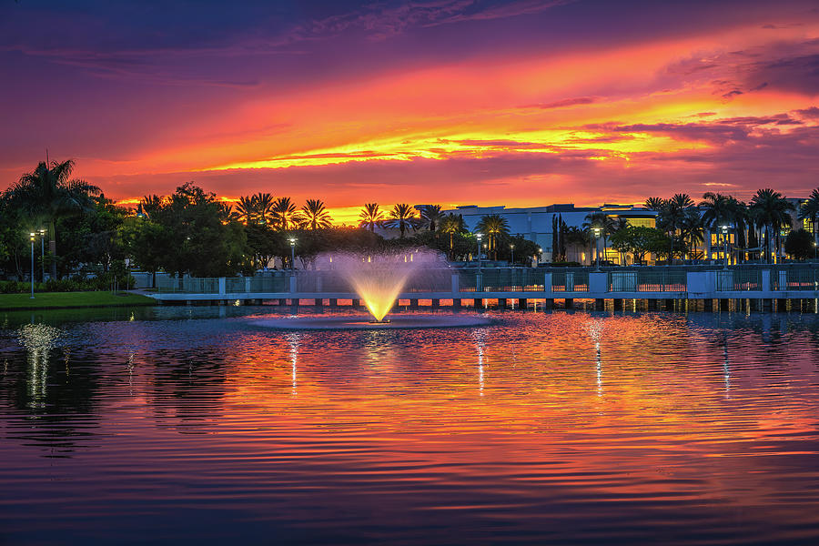 Water Fountain Gardens Downtown Area at Sunset Photograph by Kim Seng