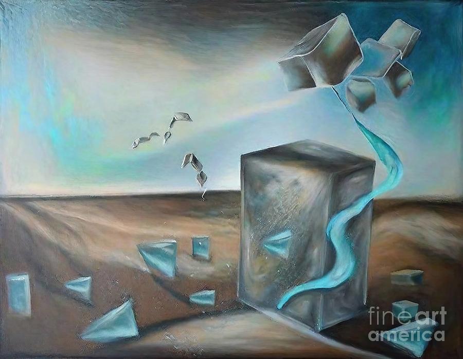 Castle Painting - Water Giraffe Painting sunset desert dripping water desert and water flat earth art cube water cubist desert abstract animals tap in the sky zoo animal giraffe of water steps in the desert desert by N Akkash