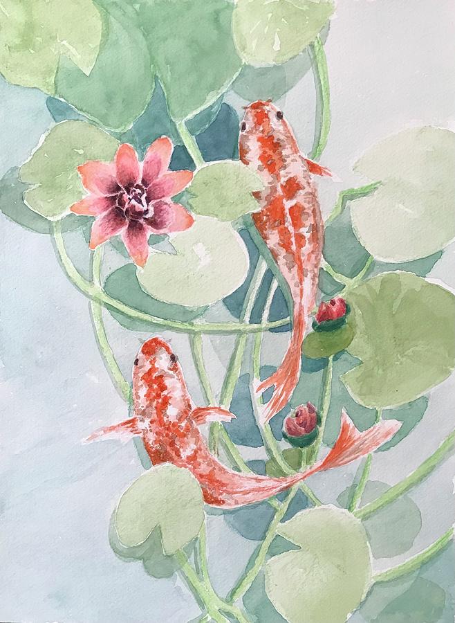 Water Lilies and Koi fish #1 Painting by Milly Tseng