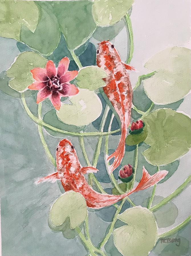 Water Lilies and Koi fish #2 Painting by Milly Tseng