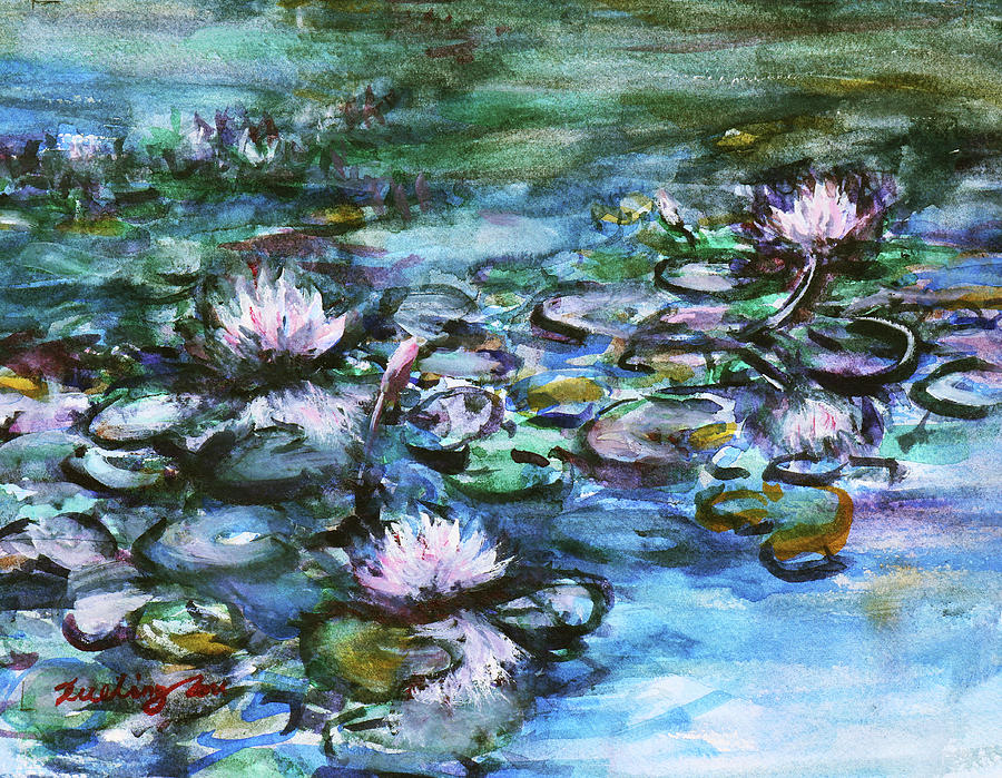Water Lilies at Japanese Friendship Garden San Jose California Painting by Xueling Zou