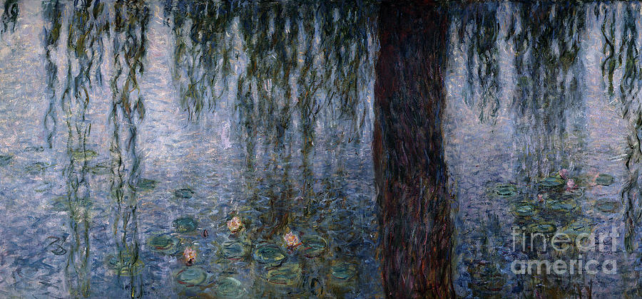 Water Lilies, By Claude Monet, Les Nympheas, in the morning clear with willows left part  Painting by Claude Monet