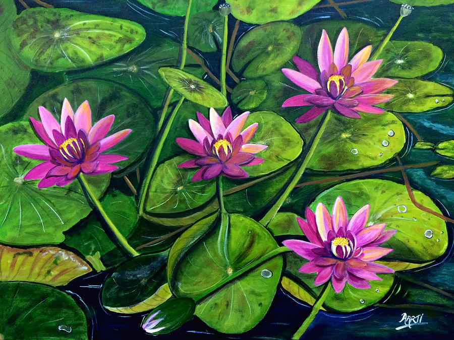 Water Lilies in a pond Painting by Aarti Bartake