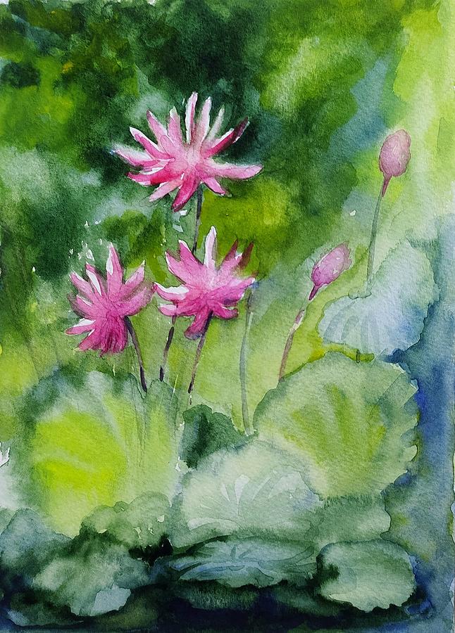 Water lilies in the rains Painting by Asha Sudhaker Shenoy