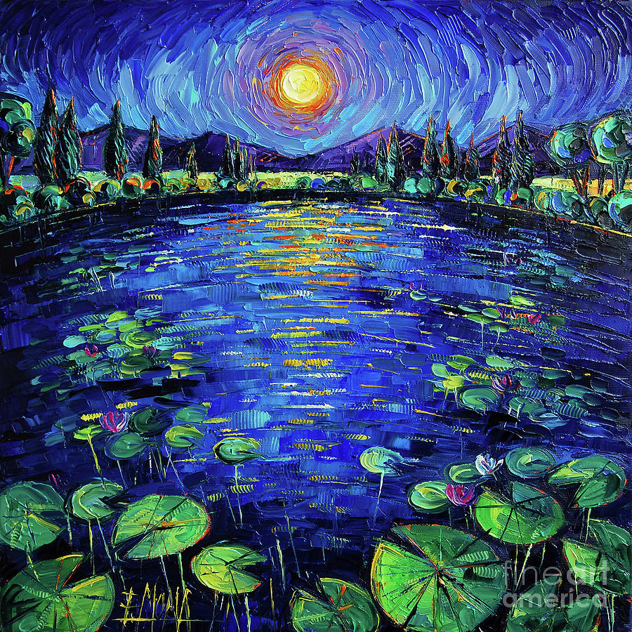 WATER LILIES MOONLIGHT commissioned palette knife oil painting Mona Edulesco Painting by Mona Edulesco