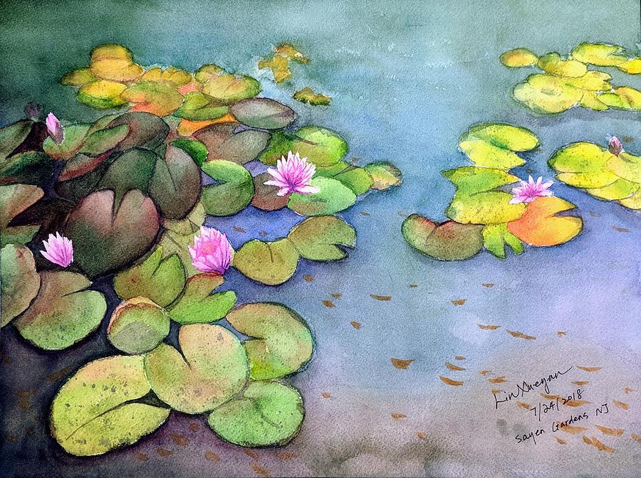 Water lilies pond at Sayen Gardens Hamilton NJ 1 Painting by Xueyan Liu
