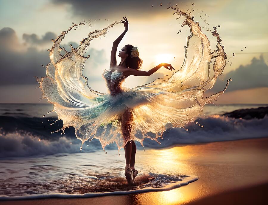 Water Nymph Dancing At Sunset In Water Dress Digital Art