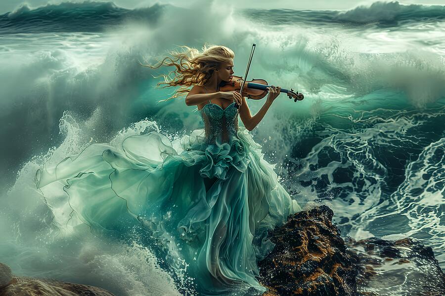 Water Nymph playing violin of Storm Digital Art by Lilia S
