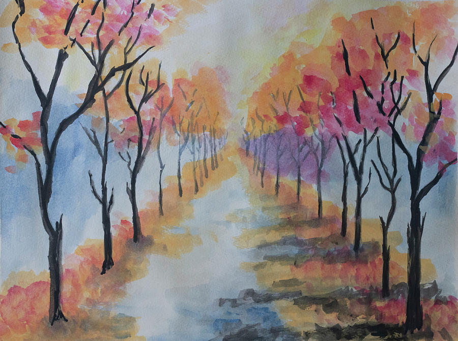 Water Painting Of A Alley Of Autumn Trees Painting