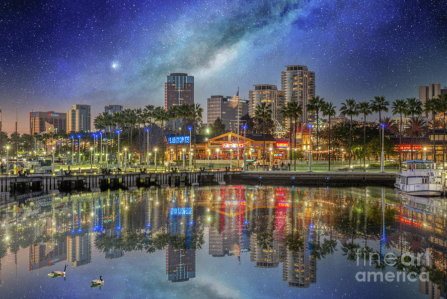 Sunset Photograph - Water Reflecting Lights Sunset Long Beach CA by David Zanzinger