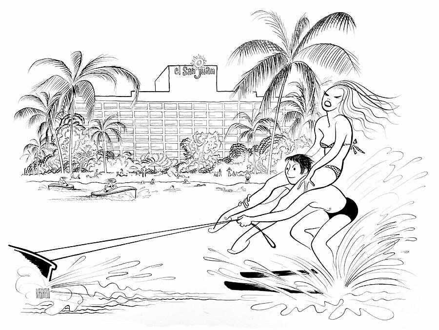 Water-Skiing at Hotel Drawing by Al Hirschfeld