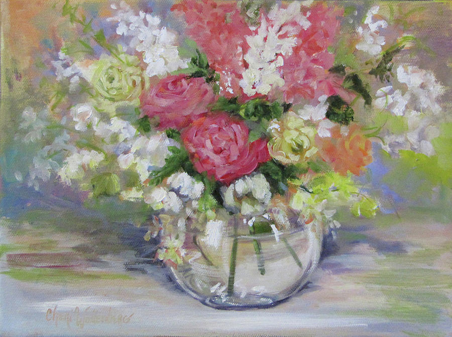Water Vase With Pink Roses and White Flowers Painting by Cheri Wollenberg