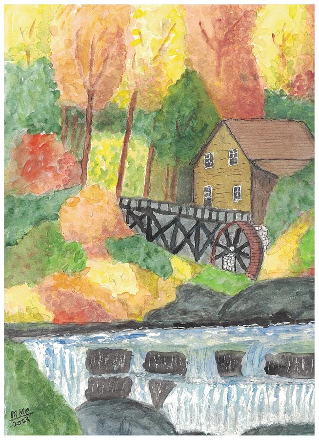 Water Wheel In Autumn Drawing
