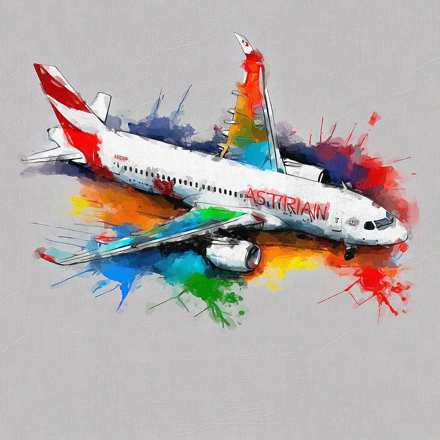 Abstract Painting - Watercolor 1301Airbus A319 Passenger Plane Austrian Airlines Civil Aviation by Edgar Dorice