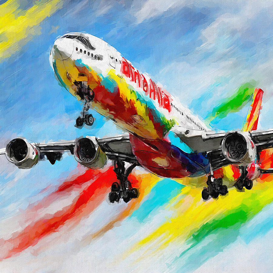 Abstract Painting - Watercolor 1367Airbus A340 Iberia Runway Airport Landing Aircraft In The Sky Airbus by Edgar Dorice