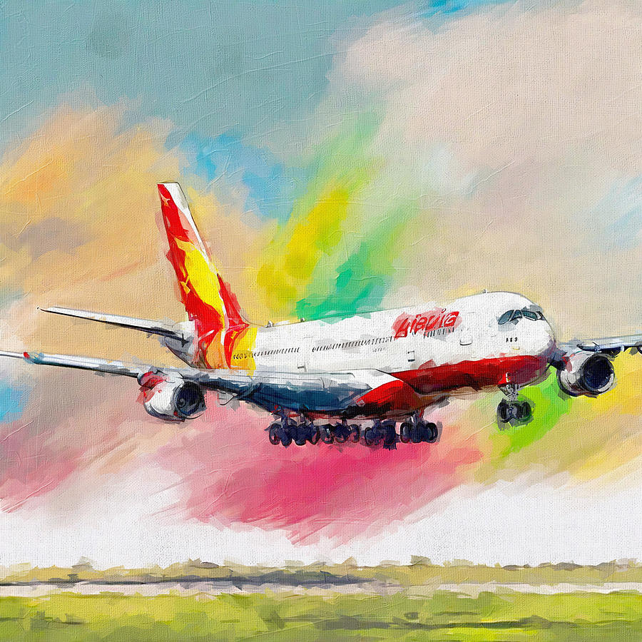 Abstract Painting - Watercolor 1368Airbus A340 Iberia Runway Airport Landing Aircraft In The Sky Airbus by Edgar Dorice