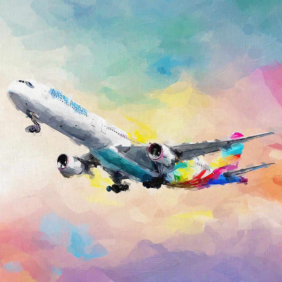 Abstract Painting - Watercolor 1369Airbus A340 Passenger Plane Airplane Take Off Air Travel Concepts Airliner In The Sky Airbus by Edgar Dorice