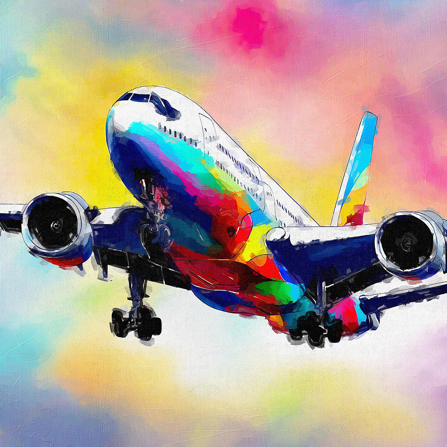 Abstract Painting - Watercolor 1372Airbus A340 Passenger Plane Airplane Take Off Air Travel Concepts Airliner In The Sky Airbus by Edgar Dorice
