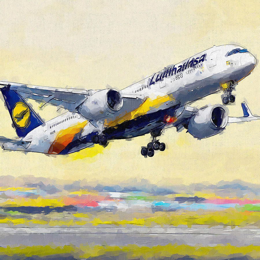 Abstract Painting - Watercolor 1377Airbus A350 900 Lufthansa Passenger Plane Takeoff Airport In The Sky Airbus by Edgar Dorice
