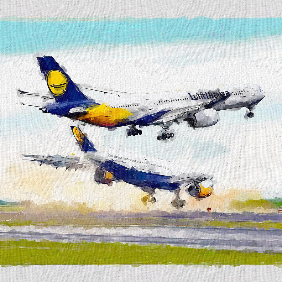 Abstract Painting - Watercolor 1379Airbus A350 900 Lufthansa Passenger Plane Takeoff Airport In The Sky Airbus by Edgar Dorice