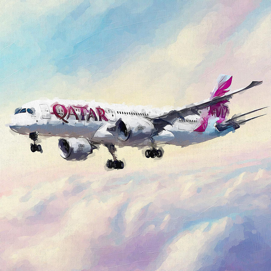 Abstract Painting - Watercolor 1390Airbus A350 900 Passenger Plane Qatar Airways Air Travel Airbus A350 Xwb In The Sky Airbus by Edgar Dorice