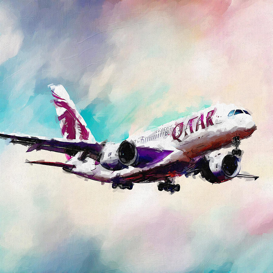 Abstract Painting - Watercolor 1403Airbus A350 1000 Passenger Plane Airliner Qatar Airplane Travel In The Sky Airbus by Edgar Dorice