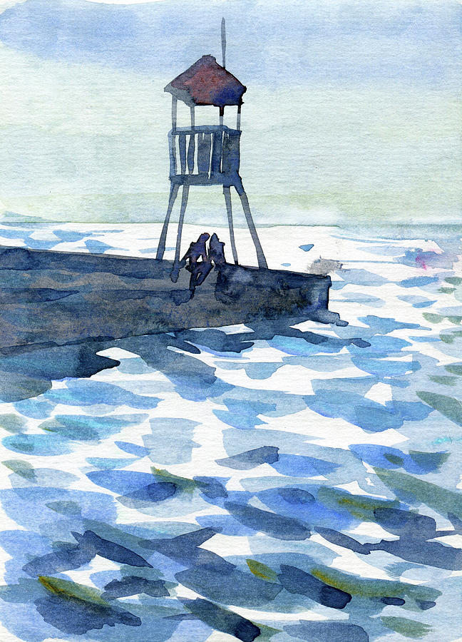 Watercolor A Couple At Seaside Painting Digital Art by Sambel Pedes