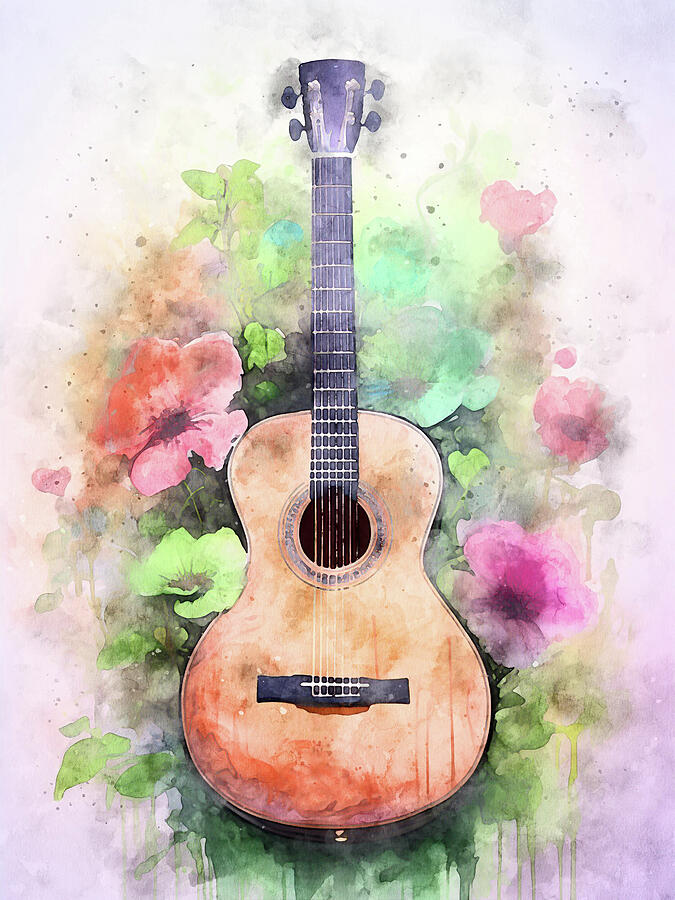 Watercolor Acoustic Guitar And Flowers Painting by Dan Sproul Watercolor Acoustic Guitar And Flowers Painting by Dan Sproul