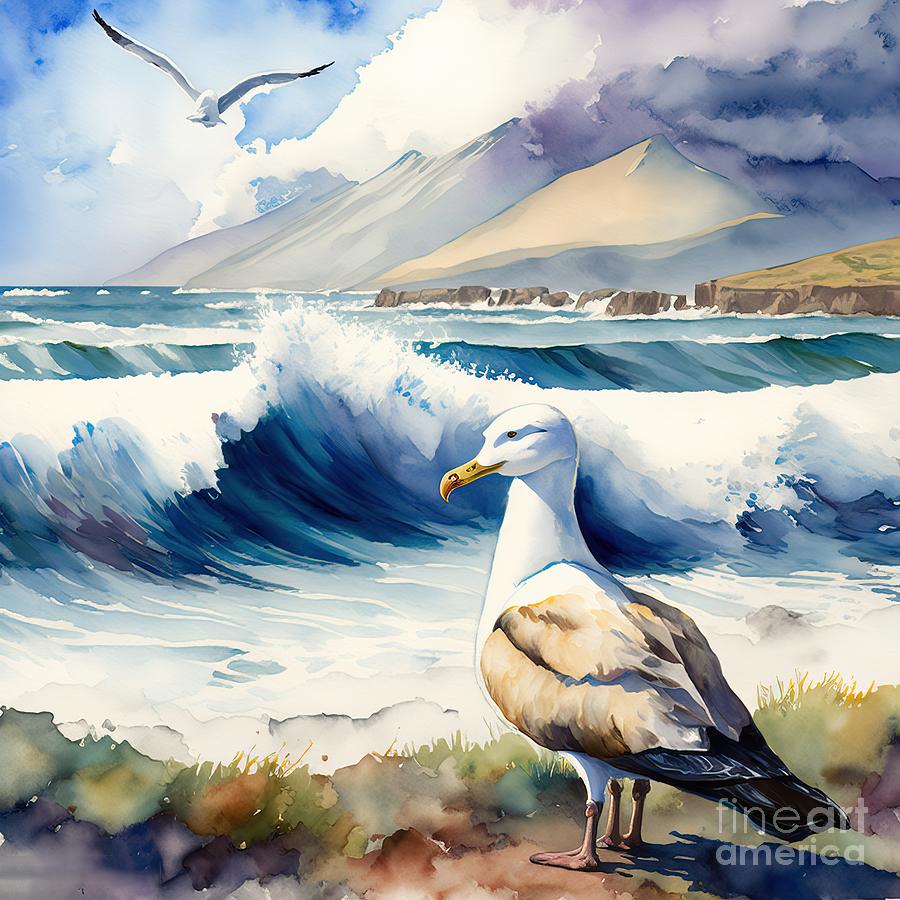 Albatross Painting - watercolor Albatross at beach  by N Akkash