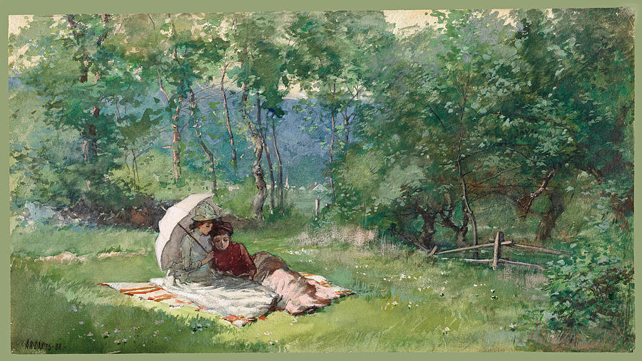 Two Women reading in a Field Drawing by Arthur Bowen Davies