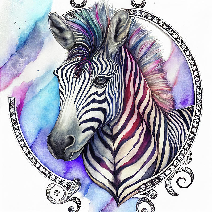 Watercolor Animal 08 Zebra Portrait Digital Art by Matthias Hauser