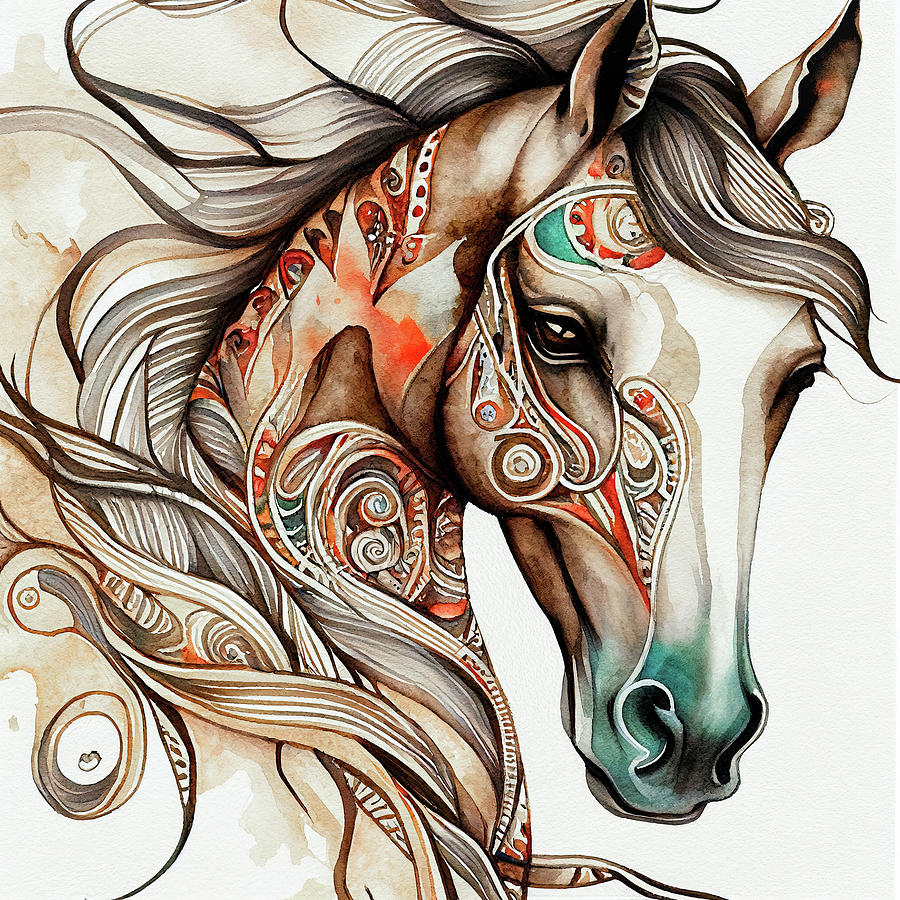 Watercolor Animal 14 Horse Portrait Digital Art by Matthias Hauser