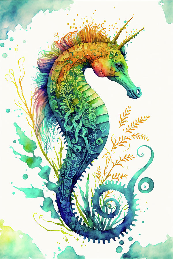 Watercolor Animal 24 Sea Horse Digital Art by Matthias Hauser
