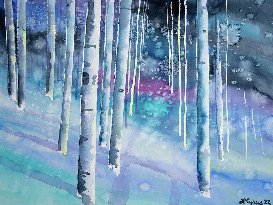 Watercolor - Aspen on a Snowy Night Painting by Cascade Colors