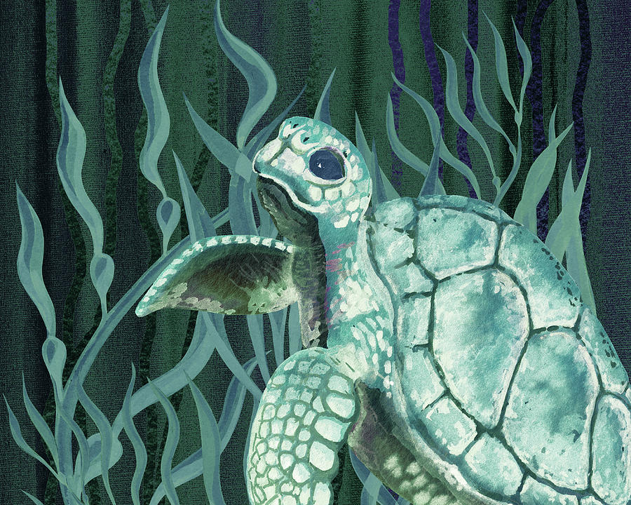 Watercolor Baby Turtle In Deep Teal Blue Sea  Painting by Irina Sztukowski