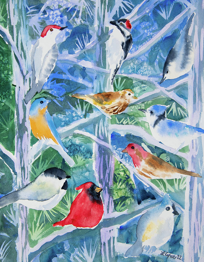 Watercolor - Backyard Birds in Winter Design Painting by Cascade Colors
