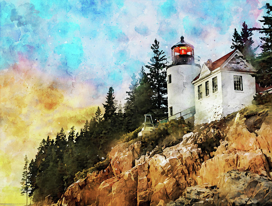 Watercolor Bass Harbor Head Light Painting by Dan Sproul