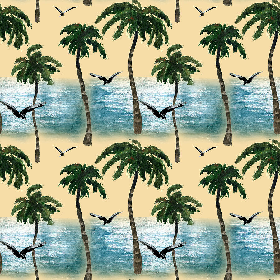 Watercolor Beach Seamless Texture. Palms, Seagull, Sea, Ocean, Beach, Sand Tiled Pattern Drawing
