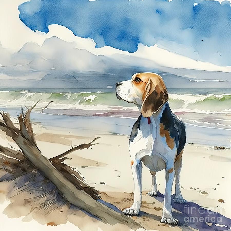 Nature Painting - Watercolor Beagle Dog Dog At The Beach  by N Akkash